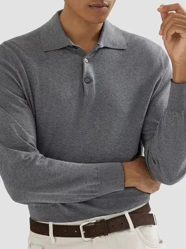 Brunello Cucinelli Men's Cotton Lightweight Knit Polo Shirt - Dark Grey | Thumbnail 5 Brunello Cucinelli Men's Cotton Lightweight Knit Polo Shirt - Dark Grey | Thumbnail 5