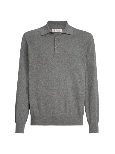 Brunello Cucinelli Men's Cotton Lightweight Knit Polo Shirt - Dark Grey | Thumbnail 1 Brunello Cucinelli Men's Cotton Lightweight Knit Polo Shirt - Dark Grey | Thumbnail 1