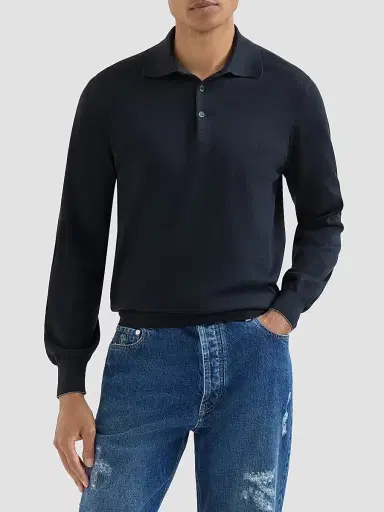 Brunello Cucinelli Men's Cotton Lightweight Knit Polo Shirt | Thumbnail 3 Brunello Cucinelli Men's Cotton Lightweight Knit Polo Shirt | Thumbnail 3