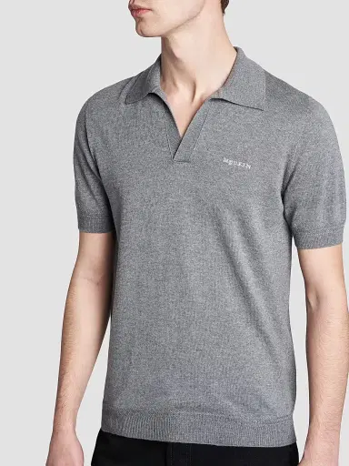 McQueen Men's Embroidered Wool Polo Shirt - Grey | Thumbnail 6 McQueen Men's Embroidered Wool Polo Shirt - Grey | Thumbnail 6