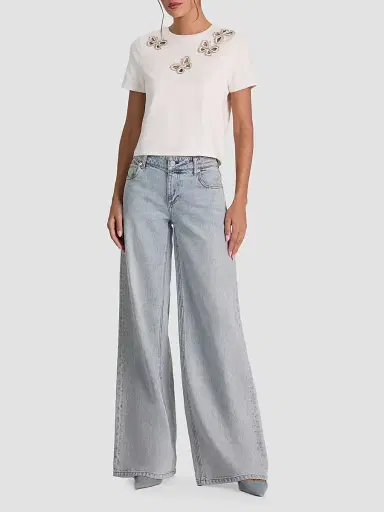 Alice + Olivia Women's Cindy Embellished Cropped Tee - Off White Silver Crystal - Size XL | Thumbnail 2 Alice + Olivia Women's Cindy Embellished Cropped Tee - Off White Silver Crystal - Size XL | Thumbnail 2