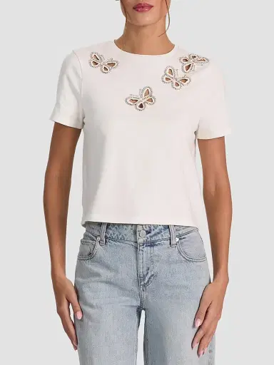 Alice + Olivia Women's Cindy Embellished Cropped Tee - Off White Silver Crystal - Size XL | Thumbnail 3 Alice + Olivia Women's Cindy Embellished Cropped Tee - Off White Silver Crystal - Size XL | Thumbnail 3