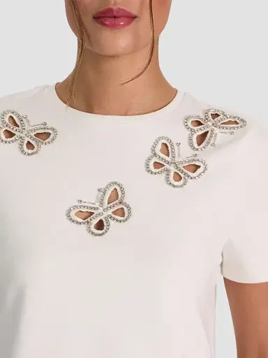 Alice + Olivia Women's Cindy Embellished Cropped Tee - Off White Silver Crystal - Size XL | Thumbnail 6 Alice + Olivia Women's Cindy Embellished Cropped Tee - Off White Silver Crystal - Size XL | Thumbnail 6