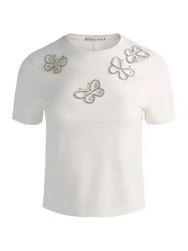 Alice + Olivia Women's Cindy Embellished Cropped Tee - Off White Silver Crystal - Size XL | Thumbnail 1 Alice + Olivia Women's Cindy Embellished Cropped Tee - Off White Silver Crystal - Size XL | Thumbnail 1