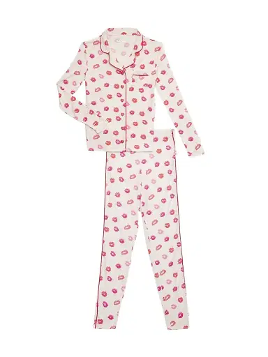 KatieJ NYC Girl's Maia Lip-Print Pajama Set | Thumbnail 1 KatieJ NYC Girl's Maia Lip-Print Pajama Set | Thumbnail 1