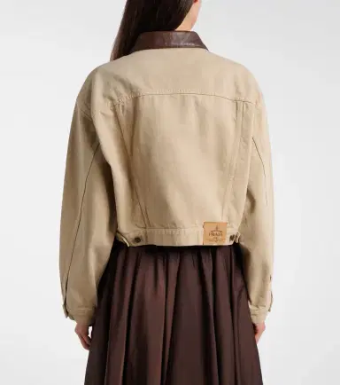 Prada Leather-trimmed cropped denim jacket | Thumbnail 2 Prada Leather-trimmed cropped denim jacket | Thumbnail 2