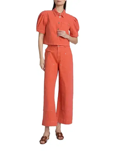 Cinq à Sept Women's Halsie Puff-Sleeve Denim Crop Top | Thumbnail 2 Cinq à Sept Women's Halsie Puff-Sleeve Denim Crop Top | Thumbnail 2