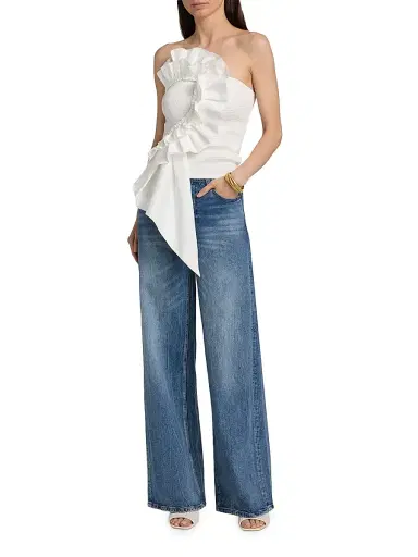 Farm Rio Women's Smocked Ruffled Cotton Strapless Top - White | Thumbnail 2 Farm Rio Women's Smocked Ruffled Cotton Strapless Top - White | Thumbnail 2