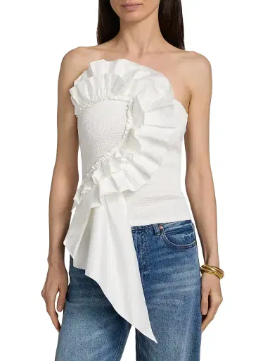 Farm Rio Women's Smocked Ruffled Cotton Strapless Top - White | Thumbnail 3 Farm Rio Women's Smocked Ruffled Cotton Strapless Top - White | Thumbnail 3