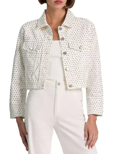 Alice + Olivia Women's Chloe Embellished Denim Crop Jacket - Off White Silver - Size XL | Thumbnail 3 Alice + Olivia Women's Chloe Embellished Denim Crop Jacket - Off White Silver - Size XL | Thumbnail 3