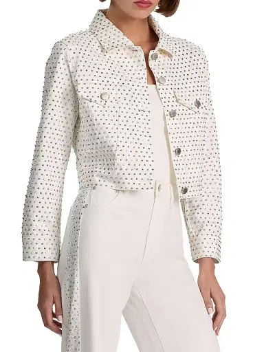 Alice + Olivia Women's Chloe Embellished Denim Crop Jacket - Off White Silver - Size XL | Thumbnail 4 Alice + Olivia Women's Chloe Embellished Denim Crop Jacket - Off White Silver - Size XL | Thumbnail 4