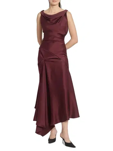 Victoria Beckham Women's Satin Asymmetric Draped Midi-Dress - Cinnabarred | Thumbnail 2 Victoria Beckham Women's Satin Asymmetric Draped Midi-Dress - Cinnabarred | Thumbnail 2