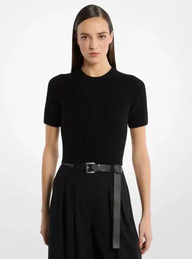 Michael Kors Collection Ribbed Cashmere Three-Quarter Sleeve Cropped Sweater in Natural | Thumbnail 5 Michael Kors Collection Ribbed Cashmere Three-Quarter Sleeve Cropped Sweater in Natural | Thumbnail 5