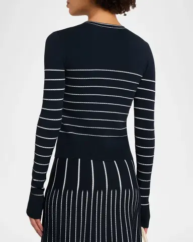 Adam Lippes Faye Pointelle Striped Crewneck Cardigan | Thumbnail 3 Adam Lippes Faye Pointelle Striped Crewneck Cardigan | Thumbnail 3