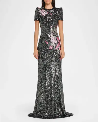 Naeem Khan Floral Applique Stretch Sequin Cap-Sleeve Gown | Thumbnail 2 Naeem Khan Floral Applique Stretch Sequin Cap-Sleeve Gown | Thumbnail 2