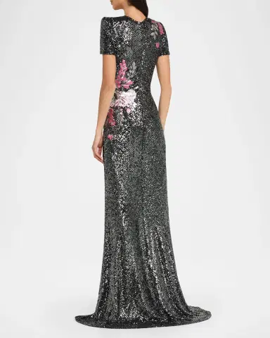 Naeem Khan Floral Applique Stretch Sequin Cap-Sleeve Gown | Thumbnail 3 Naeem Khan Floral Applique Stretch Sequin Cap-Sleeve Gown | Thumbnail 3