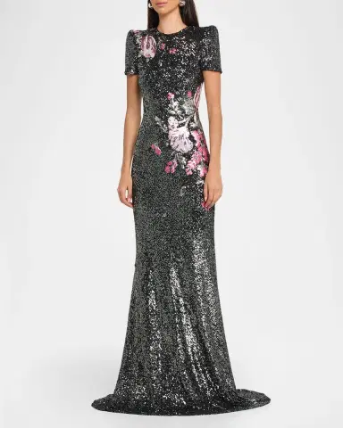 Naeem Khan Floral Applique Stretch Sequin Cap-Sleeve Gown | Thumbnail 4 Naeem Khan Floral Applique Stretch Sequin Cap-Sleeve Gown | Thumbnail 4