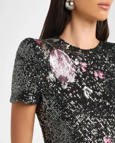 Naeem Khan Floral Applique Stretch Sequin Cap-Sleeve Gown | Thumbnail 5 Naeem Khan Floral Applique Stretch Sequin Cap-Sleeve Gown | Thumbnail 5