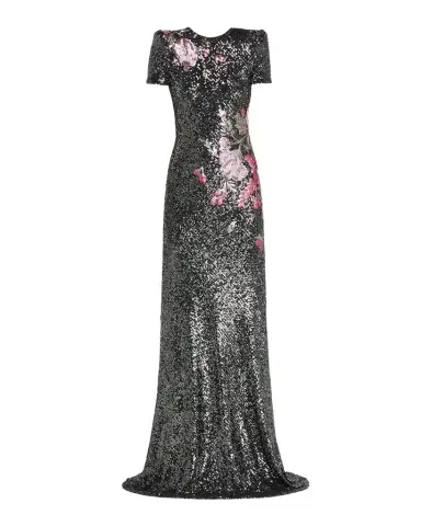 Naeem Khan Floral Applique Stretch Sequin Cap-Sleeve Gown | Thumbnail 1 Naeem Khan Floral Applique Stretch Sequin Cap-Sleeve Gown | Thumbnail 1