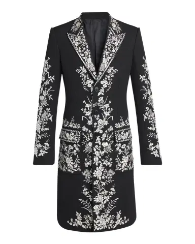 Alexander McQueen Men's Wool Embroidered Peak Lapel Overcoat | Thumbnail 1 Alexander McQueen Men's Wool Embroidered Peak Lapel Overcoat | Thumbnail 1