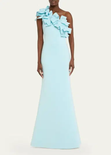 BADGLEY MISCHKA One-Shoulder Bow Ruffle Scuba Gown | Thumbnail 2 BADGLEY MISCHKA One-Shoulder Bow Ruffle Scuba Gown | Thumbnail 2