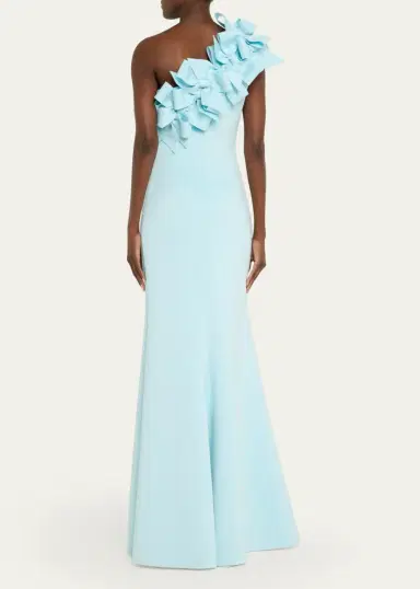 BADGLEY MISCHKA One-Shoulder Bow Ruffle Scuba Gown | Thumbnail 3 BADGLEY MISCHKA One-Shoulder Bow Ruffle Scuba Gown | Thumbnail 3