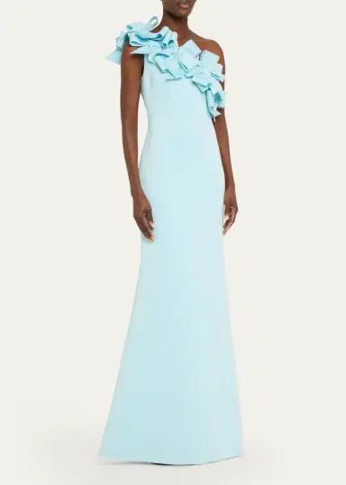 BADGLEY MISCHKA One-Shoulder Bow Ruffle Scuba Gown | Thumbnail 4 BADGLEY MISCHKA One-Shoulder Bow Ruffle Scuba Gown | Thumbnail 4