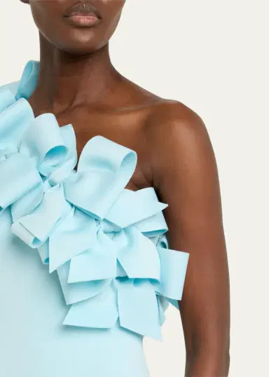 BADGLEY MISCHKA One-Shoulder Bow Ruffle Scuba Gown | Thumbnail 5 BADGLEY MISCHKA One-Shoulder Bow Ruffle Scuba Gown | Thumbnail 5