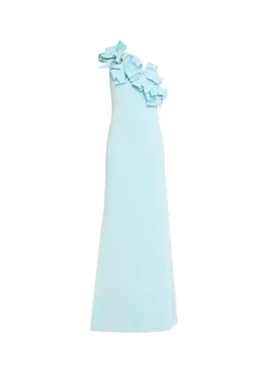 BADGLEY MISCHKA One-Shoulder Bow Ruffle Scuba Gown | Thumbnail 1 BADGLEY MISCHKA One-Shoulder Bow Ruffle Scuba Gown | Thumbnail 1