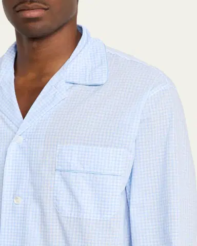 Bergdorf Goodman Men's Cotton and Linen Micro-Check Long Pajama Set | Thumbnail 4 Bergdorf Goodman Men's Cotton and Linen Micro-Check Long Pajama Set | Thumbnail 4