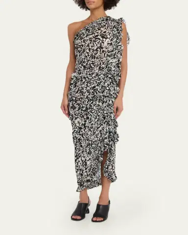 Dries Van Noten Dina One-Shoulder Abstract-Print Ruffle Midi Dress | Thumbnail 4 Dries Van Noten Dina One-Shoulder Abstract-Print Ruffle Midi Dress | Thumbnail 4