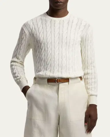 Ralph Lauren Purple Label Men's Cotton and Silk Cable Knit Crewneck Sweater | Thumbnail 4 Ralph Lauren Purple Label Men's Cotton and Silk Cable Knit Crewneck Sweater | Thumbnail 4
