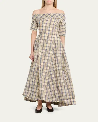 BERNADETTE Bowery Off-The-Shoulder Check Seersucker Asymmetric Dress | Thumbnail 2 BERNADETTE Bowery Off-The-Shoulder Check Seersucker Asymmetric Dress | Thumbnail 2