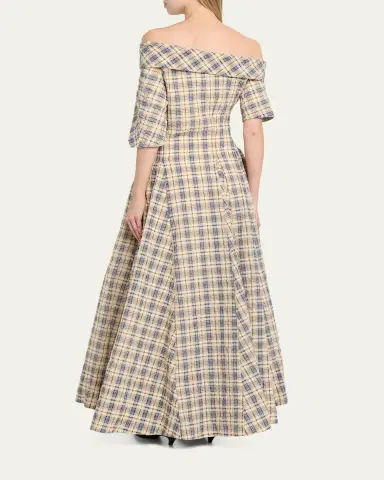 BERNADETTE Bowery Off-The-Shoulder Check Seersucker Asymmetric Dress | Thumbnail 3 BERNADETTE Bowery Off-The-Shoulder Check Seersucker Asymmetric Dress | Thumbnail 3