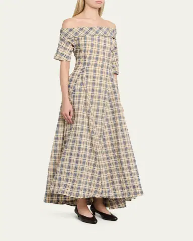 BERNADETTE Bowery Off-The-Shoulder Check Seersucker Asymmetric Dress | Thumbnail 4 BERNADETTE Bowery Off-The-Shoulder Check Seersucker Asymmetric Dress | Thumbnail 4