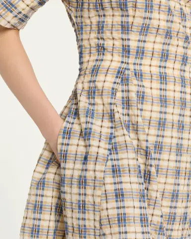 BERNADETTE Bowery Off-The-Shoulder Check Seersucker Asymmetric Dress | Thumbnail 5 BERNADETTE Bowery Off-The-Shoulder Check Seersucker Asymmetric Dress | Thumbnail 5