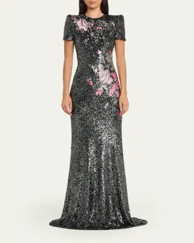 Naeem Khan Floral Applique Stretch Sequin Cap-Sleeve Gown | Thumbnail 2 Naeem Khan Floral Applique Stretch Sequin Cap-Sleeve Gown | Thumbnail 2