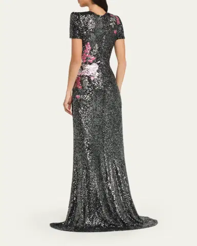 Naeem Khan Floral Applique Stretch Sequin Cap-Sleeve Gown | Thumbnail 3 Naeem Khan Floral Applique Stretch Sequin Cap-Sleeve Gown | Thumbnail 3