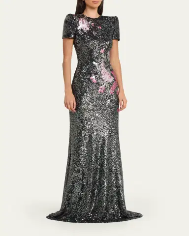 Naeem Khan Floral Applique Stretch Sequin Cap-Sleeve Gown | Thumbnail 4 Naeem Khan Floral Applique Stretch Sequin Cap-Sleeve Gown | Thumbnail 4