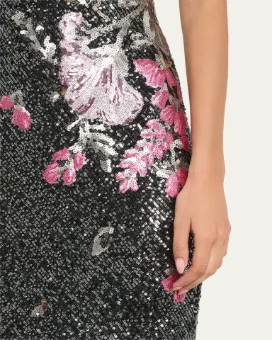 Naeem Khan Floral Applique Stretch Sequin Cap-Sleeve Gown | Thumbnail 5 Naeem Khan Floral Applique Stretch Sequin Cap-Sleeve Gown | Thumbnail 5