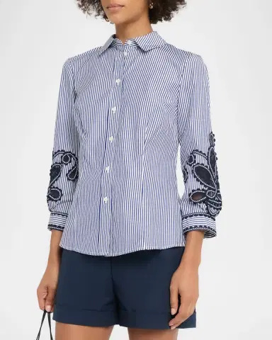 Carolina Herrera Ana Embroidered Striped Poplin Button-Down Shirt | Thumbnail 3 Carolina Herrera Ana Embroidered Striped Poplin Button-Down Shirt | Thumbnail 3