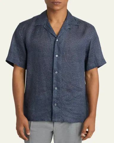 Brioni Men's Linen Pines-Print Camp Shirt | Thumbnail 4 Brioni Men's Linen Pines-Print Camp Shirt | Thumbnail 4