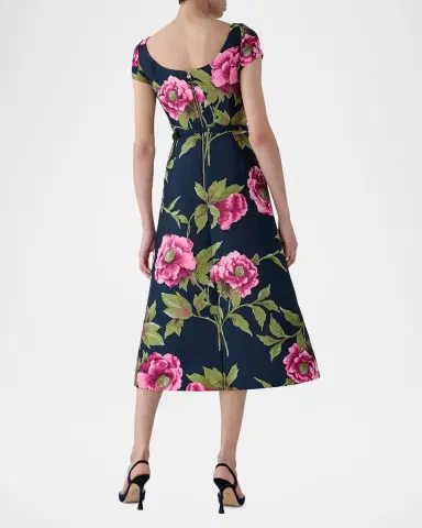 Carolina Herrera Metallic Floral Jacquard Short-Sleeve Belted Midi Dress | Thumbnail 2 Carolina Herrera Metallic Floral Jacquard Short-Sleeve Belted Midi Dress | Thumbnail 2