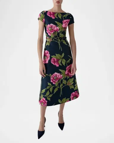 Carolina Herrera Metallic Floral Jacquard Short-Sleeve Belted Midi Dress | Thumbnail 3 Carolina Herrera Metallic Floral Jacquard Short-Sleeve Belted Midi Dress | Thumbnail 3