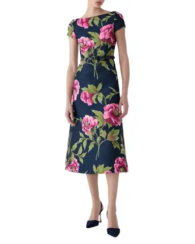 Carolina Herrera Metallic Floral Jacquard Short-Sleeve Belted Midi Dress | Thumbnail 1 Carolina Herrera Metallic Floral Jacquard Short-Sleeve Belted Midi Dress | Thumbnail 1