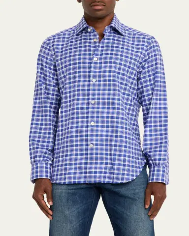 Kiton Men's Cotton and Cashmere Plaid Button-Down Shirt | Thumbnail 4 Kiton Men's Cotton and Cashmere Plaid Button-Down Shirt | Thumbnail 4