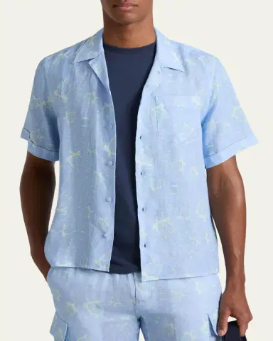 Vilebrequin Men's Bubble Turtles Linen Short-Sleeve Shirt | Thumbnail 3 Vilebrequin Men's Bubble Turtles Linen Short-Sleeve Shirt | Thumbnail 3