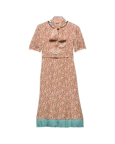 Prada Sable Floral Midi Dress with Scarf Tie | Thumbnail 1 Prada Sable Floral Midi Dress with Scarf Tie | Thumbnail 1
