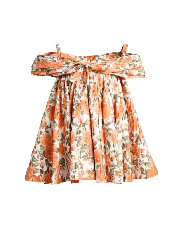 Floral Pleated Off-The-Shoulder Mini Babydoll Dress Floral Pleated Off-The-Shoulder Mini Babydoll Dress