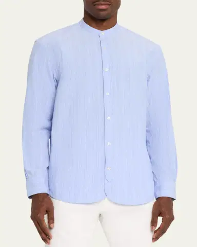 OFFICINE GÉNÉRALE Men's Organic Cotton Stripe Band Collar Sport Shirt | Thumbnail 4 OFFICINE GÉNÉRALE Men's Organic Cotton Stripe Band Collar Sport Shirt | Thumbnail 4